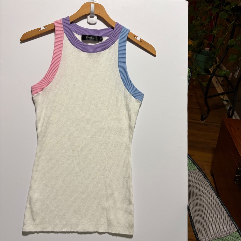 Zesica Womens XL Ribbed Knit Tank White‎ Pastel Colorblock Crew Neck Sleeveless